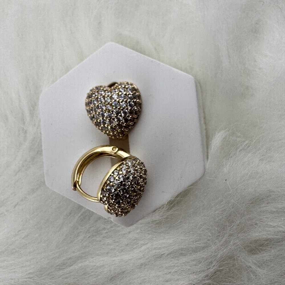 Gold Plated Pave Heart Huggie Hoop Earrings Cubic Zirconia Puffed Heart Jewelry